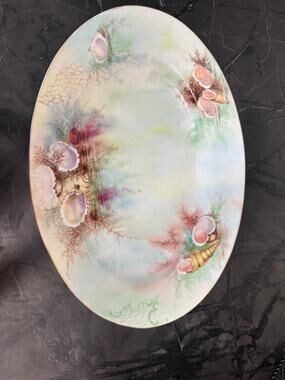 Vintage Hand Painted Seashell Oval Serving Platter Pastel Coastal Decor